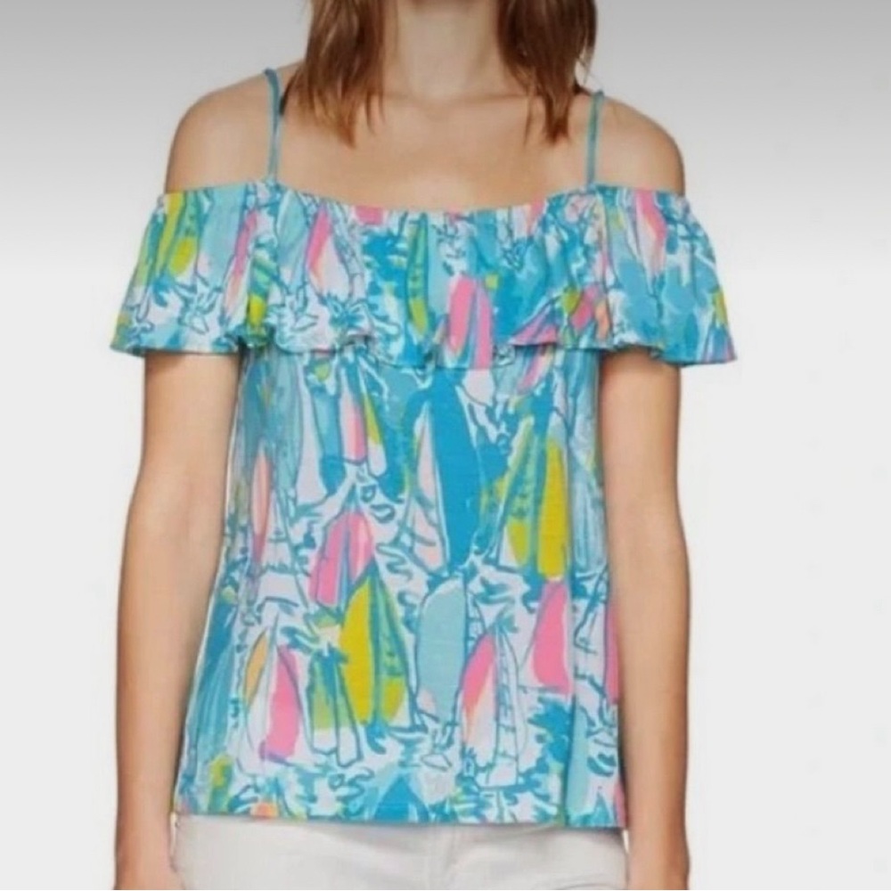 Lilly Pulitzer Off-Shoulder Ruffle Top in Turquoise Multi - Picture 5 of 6